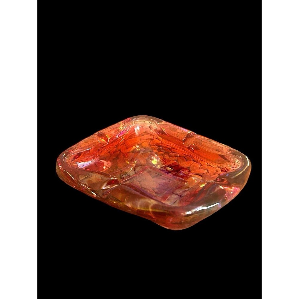 Vintage Dark Pink Amber Iridescent Glass Ashtray Catchall Wavy Asymmetrical MCM